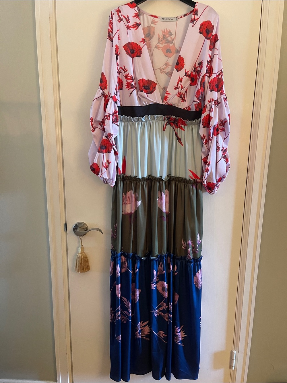 Mixed-Print Tiered Maxi Dress with Red Floral Bodice